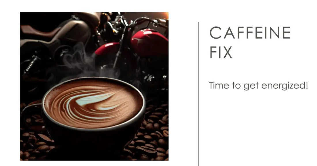 cup of coffee on a table with a background image of a vintage car and a motorcycle, symbolizing the connection between coffee and motorcycle enthusiasts.