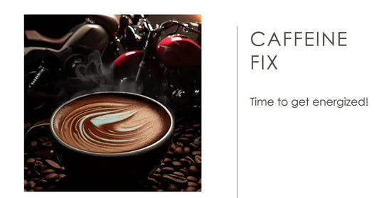 cup of coffee on a table with a background image of a vintage car and a motorcycle, symbolizing the connection between coffee and motorcycle enthusiasts.
